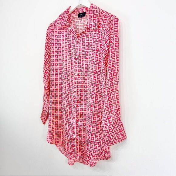 VICI Brenleigh Pink Red Geometric Print Poly Satin Button Down Tunic Mini Dress - Picture 3 of 16